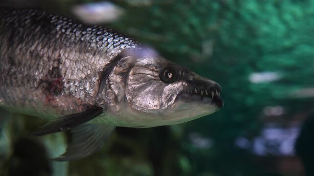 Underwater close up shows a silver scaled predatory fish with sharp teeth and a small red abrasion in Gran Canaria aquarium, moving slowly against a green blue tank backdrop.