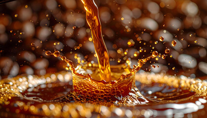 Rich dark brown liquid splashing creating an explosion of droplets and waves with a blurred background of coffee beans in warm golden light and macro detail