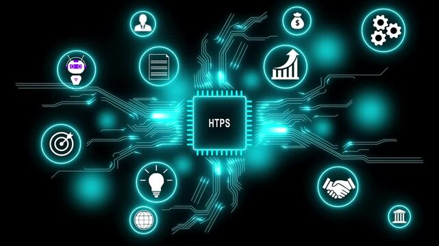 Secure HTTPS Microchip Circuit Board with Neon Blue Connections and Icons