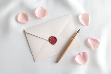 White envelope with a red stamp on it sits on a table with a pen. Valentine's day.