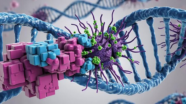 Histone Code Visualization: DNA Strand with Purple Virus and Complex Pink Blue Protein Interaction, Genetic Structure