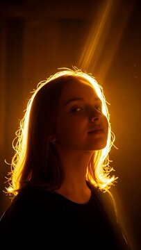 Young woman looking thoughtfully with backlight in warm tones  
