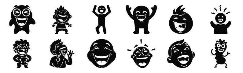 Set of silly doodle giggle silhouette art. Funny large pack of vector silhouette design and isolated on white background
