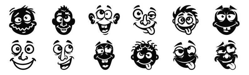 Fototapeta premium Set of silly doodle face silhouette art. Funny large pack of vector silhouette design and isolated on white background