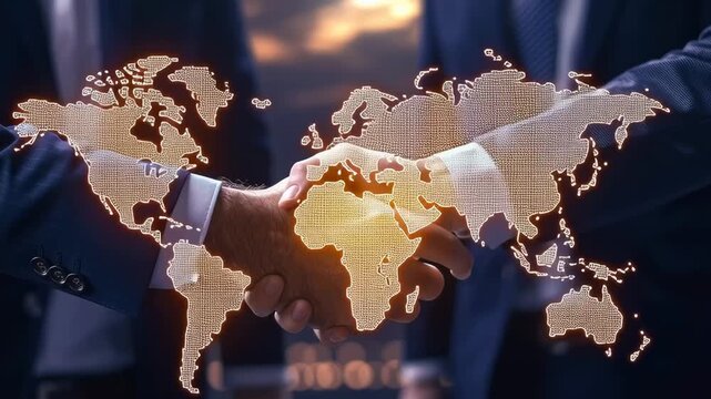 Business handshake with a world map overlay symbolizing partnership.