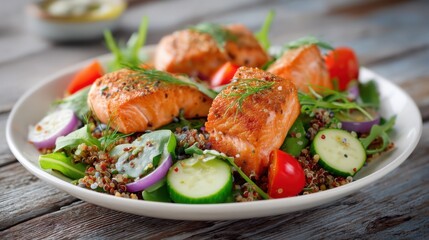 Grilled salmon quinoa salad with fresh vegetables and herbs on rustic table.