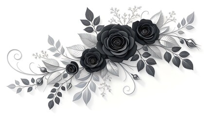 A beautiful arrangement of black roses and leaves on a white background 3D Wallpaper Home Decoration Custom 3D Photo Wallpaper Panaflex Design for Wall HD Background