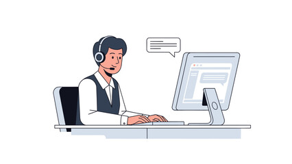 Customer Support Representative Working on Computer.