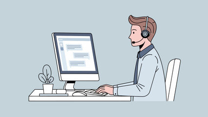 Man Working on Computer Wearing Headset.