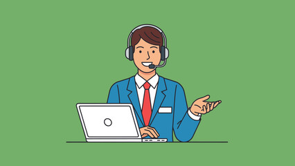 Man Wearing Headset Working on Laptop.