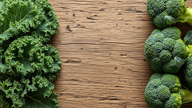 Fresh kale and broccoli on wooden table - Powered by Adobe