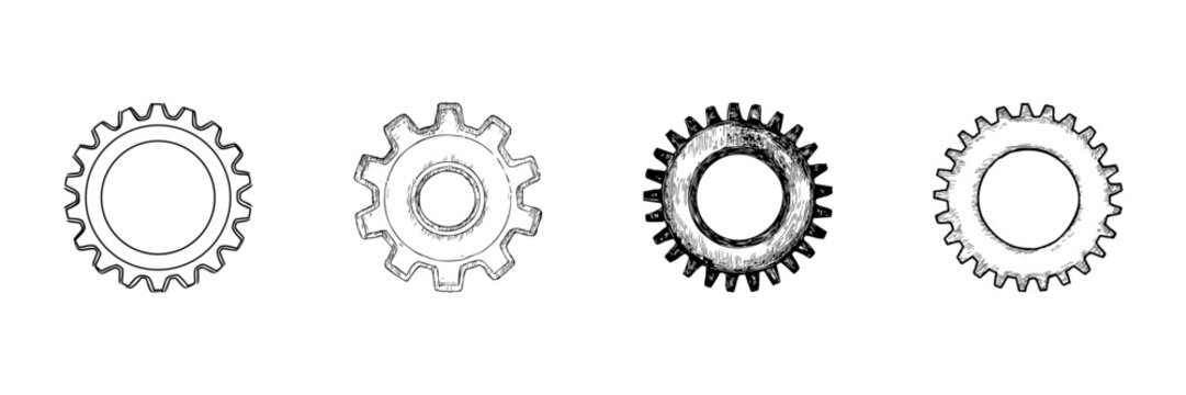 Four Gear Icons In Hand Drawn Style Set. Mechanical Engineering, Industrial Machinery, And Automation Doodle Sketch Collection. Technical Design Elements. Isolated Vector Illustration