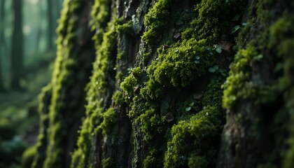 Mossy Tree Trunks in Shaded Forest