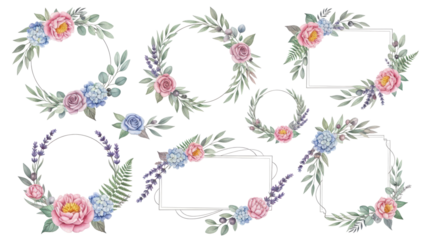 Watercolor Midsummer floral Frames collection with hand painted delicate leaves, flowers. Romantic floral arrangements perfect for wedding greeting cards, invitation. High quality  illustration.