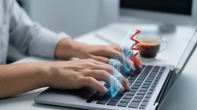 A man using a laptop with AI and malware icons displayed on the screen.