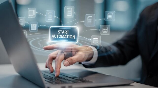 A man initiating document automation using a laptop and digital interface.
