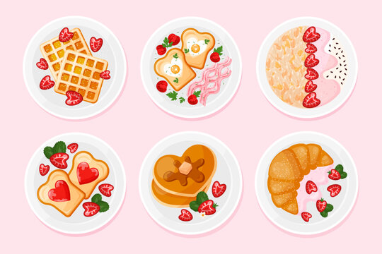 Collection of plates with breakfast isolated on pink background. Set of bowls with food. Belgian waffles , fries eggs with bacon , oatmeal with yogurt, pancakes, tosts and  croissant. Vector