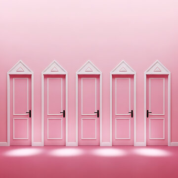 Five pink doors with white trim and triangular pediments