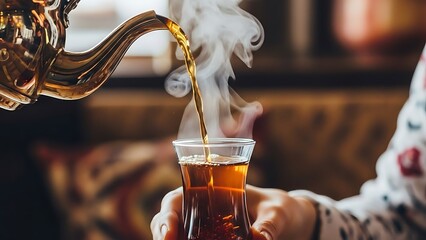 A person pouring steaming hot tea from a teapot into a glass cup