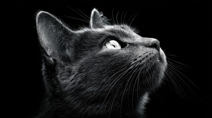 Obraz premium A striking black and white portrait of a curious cat looking upwards.