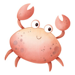 Watercolor illustration of a cute red crab waving its claws, isolated on white background. Adorable underwater marine animal character.