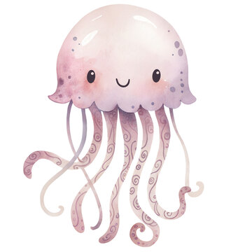 Watercolor illustration of a cute pink jellyfish with curly tentacles, isolated on white background. Adorable underwater marine animal character