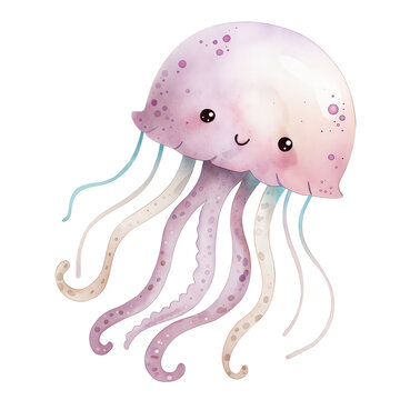 Watercolor illustration of a cute purple jellyfish with a happy smile, isolated on white background. Adorable underwater marine animal character