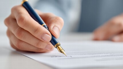 A person's hand writing on paper with a stylish fountain pen, indoors.