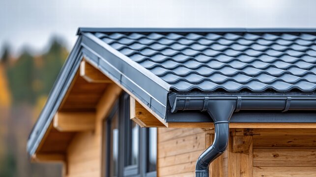 Close-up of a modern house roof with a black tiled roof and gutter system.