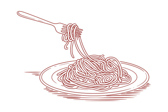 A simple line art illustration of spaghetti being twirled on a fork from a plate