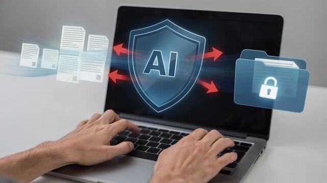 A person using a laptop with AI-driven document security and data processing visuals.