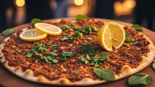 A delicious Lebanese lahm bi aajin pizza topped with herbs and lemon