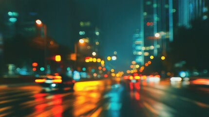 Fototapeta premium Vibrant urban night scene with blurred lights in cityscape.