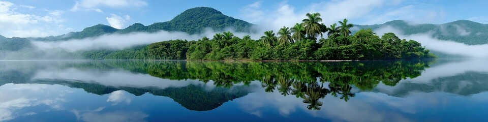 Obraz premium Tranquil misty lake with lush tropical island and majestic mountains