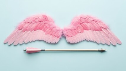 Soft pink angel wings and a bow and arrow against a light blue backdrop, evoking love and tenderness