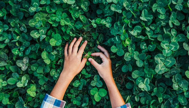 Hands Searching for Lucky Four Leaf Clover in Green Shamrock Field