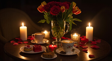 Romantic arrangement of roses, candles, and desserts on table  