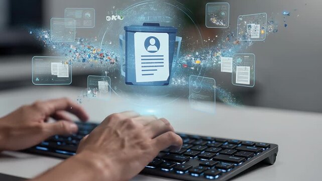 A person typing on a keyboard with holographic data visuals around.