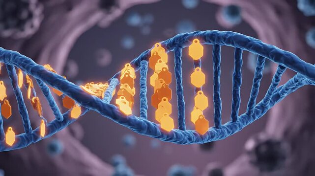 Stylized 2D Animation: Methyl Tags Building on DNA Strand for Epigenetic Research and Genetic Studies Presentation