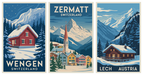 Ski Travel Poster &ndash; Zermatt Wengen Switzerland Lech Austria Vintage Illustration