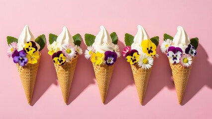 Soft-serve ice cream cones decorated with colorful edible flowers against a pink background