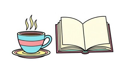 Steaming coffee cup and open book illustration. Reading, study, and relaxation concept. Simple cartoon drawing on white background