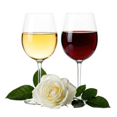 Two wine glasses with a white rose isolated on transparent background