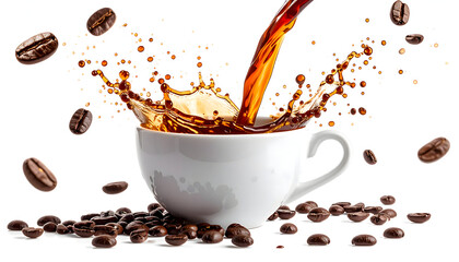 Hot coffee splash into a white mug surrounded by roasted coffee beans and airborne beans against a clean white background with dynamic liquid motion and rich brown tones