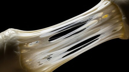 Close-up of melted cheese stretching with stringy texture. Gooey elastic food on a black background. Copy space