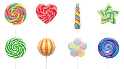 Colorful gourmet lollipop set including heart, star, flower, swirl, and galaxy shapes isolated. Sweet candy and confectionery collection for party or celebration.