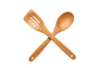 Wooden spoon and slotted spatula crossed isolated on transparent background