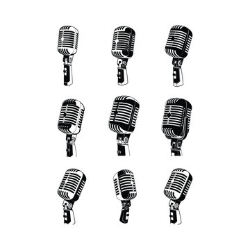 Silhouette of nine vintage microphones in three rows