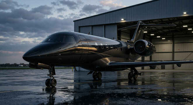 Carbon fiber business jet parked on a wet tarmac in front of a modern hangar at twilight, corporate aviation and premium transport preparation concept.