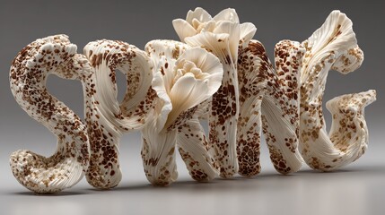 3D botanical sculpture spelling "SPRING" made entirely from elegant tulip petals and buds in white with brown speckles on gray background. Floral typography art